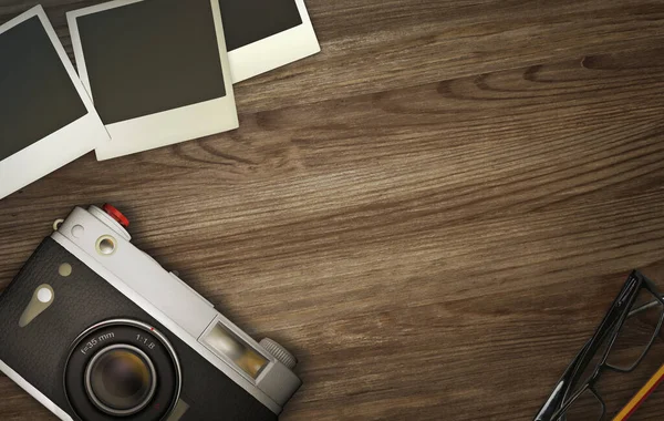 Kendi başlıklarınızı eklemek için fotoğraf makinesi, polaroid ve fotokopi alanının olduğu düz bir maket. 3B illüstrasyon