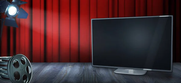 Boş bir TV, film makaraları ve spot ışıklarıyla talep üzerine reklam şablonu. Kendi başlıklarınızı eklemek için fotokopi alanı olan bir film kavramı (3D illüstrasyon)