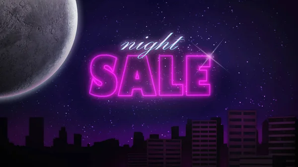 Parlayan neon, gece satışı reklam konsepti şehrin yıldızlı gecesinde