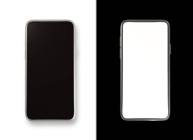 Siyah ve beyaz izole akıllı telefonlar. Düz konum şablonu (3B sunumlar)