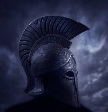 Antik Spartalı (Yunan) savaşçı 3D çizim konsepti. TV belgeselleri, geçmiş bilgileri vs. için ideal bir kopya alanı olan bir arkaplan.