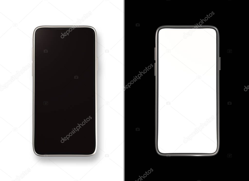 Black & White isolated smartphones mockup. Flat lay template (3D renderings)