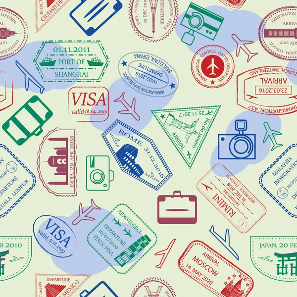 Coloridos sellos de pasaporte vectorial. Viaje por el mundo sin fisuras Ilustración. Patrón repetitivo colorido — Archivo Imágenes Vectoriales