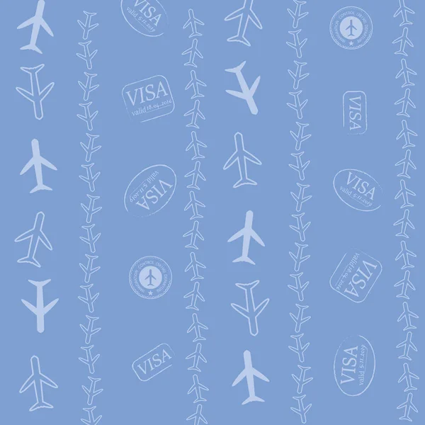 Baby Blue Vector Passeport Stamps Repeat Pattern.Travel Le Monde Illustration sans couture. — Image vectorielle