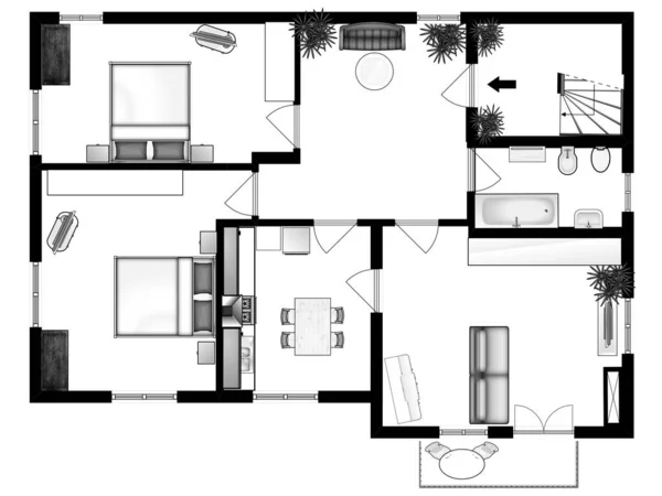 Våningsplan Svart Vit Planlösning Planlösning — Stockfoto