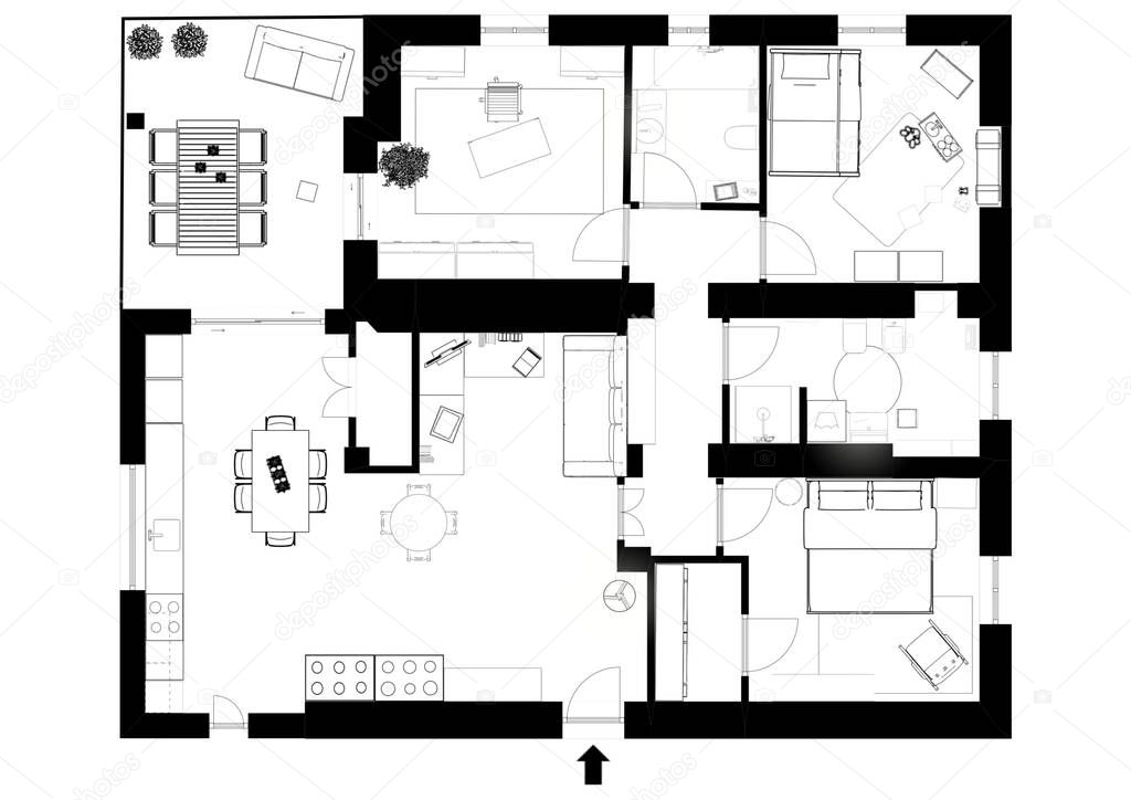 2d floor plan. Black&white floor plan. Floor plan.