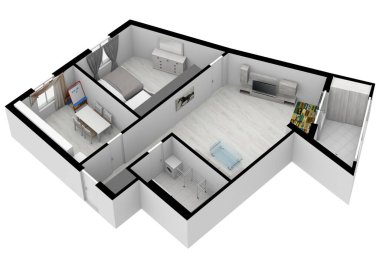 Ev planı çizimi, 3D çizim. 3D kat planı. 3D çizim kat planı. Emlak için kat planları. Pazarlama için renk tabanı planı.