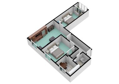 Evin içi, kat planı, planları ve beyaz arka planda renkli duvarları olan bir ev. 3d illüstrasyon.