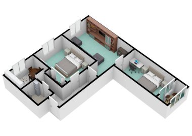 Evin içi, kat planı, planları ve beyaz arka planda renkli duvarları olan bir ev. 3d illüstrasyon.