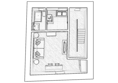 Bir evin 2D kat planı, 3D çizim. Açık konsept apartman düzeni