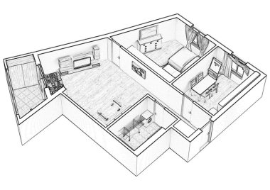 Bir evin 2D kat planı, 3D çizim. Açık konsept apartman düzeni