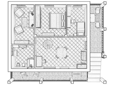 Bir evin 2D kat planı, 3D çizim. Açık konsept apartman düzeni