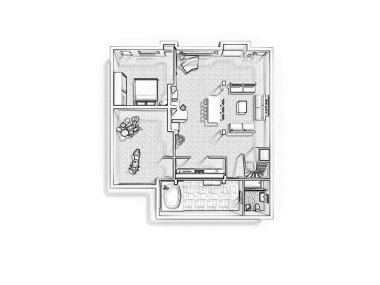 Bir evin 2D kat planı, 3D çizim. Açık konsept apartman düzeni