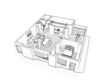 Bir evin 2D kat planı, 3D çizim. Açık konsept apartman düzeni