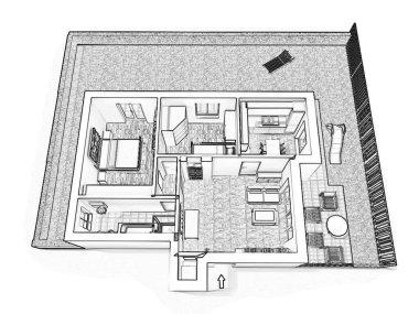 Bir evin 2D kat planı, 3D çizim. Açık konsept apartman düzeni