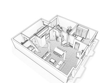 Bir evin 2D kat planı, 3D çizim. Açık konsept apartman düzeni