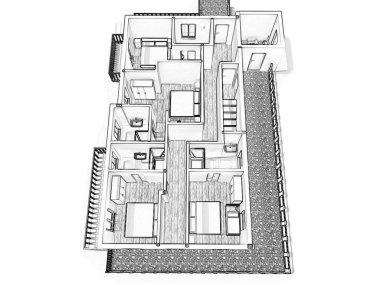 Bir evin 2D kat planı, 3D çizim. Açık konsept apartman düzeni