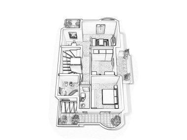 Bir evin 2D kat planı, 3D çizim. Açık konsept apartman düzeni