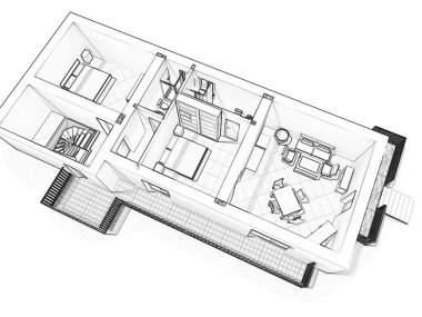 Bir evin 2D kat planı, 3D çizim. Açık konsept apartman düzeni