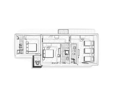 Bir evin 2D kat planı, 3D çizim. Açık konsept apartman düzeni