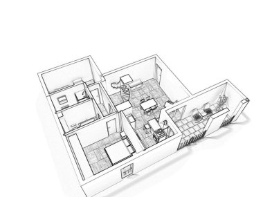 3D kat planı. Siyah beyaz kat planı.