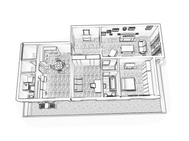 3D kat planı. Siyah beyaz kat planı.