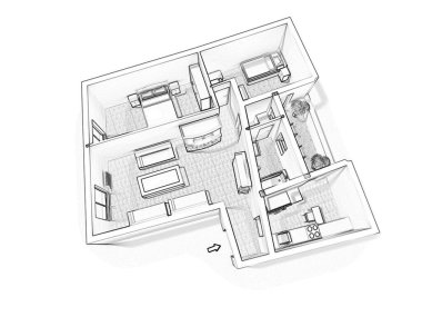 3D kat planı. Siyah beyaz kat planı.