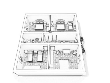 Çizim katının 3D çizimi. Mobilyalarla birlikte kat planı 3D. Kat planı. İnşaat elemanları olan bir apartman planı. Ev Projesi.