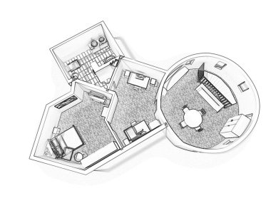 Çizim katının 3D çizimi. Mobilyalarla birlikte kat planı 3D. Kat planı. İnşaat elemanları olan bir apartman planı. Ev Projesi.