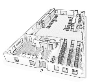 Çizim katının 3D çizimi. Mobilyalarla birlikte kat planı 3D. Kat planı. İnşaat elemanları olan bir apartman planı. Ev Projesi.