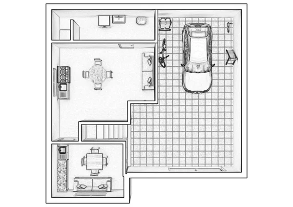 Bir Evin Kat Planı Çizim Açık Konsept Apartman Düzeni — Stok fotoğraf