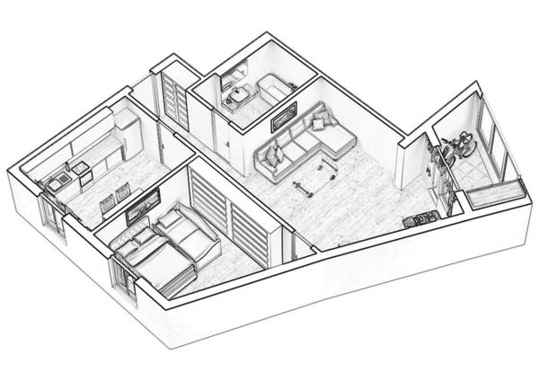 Floor Plan Home Illustration Open Concept Living Apartment Layout — стоковое фото