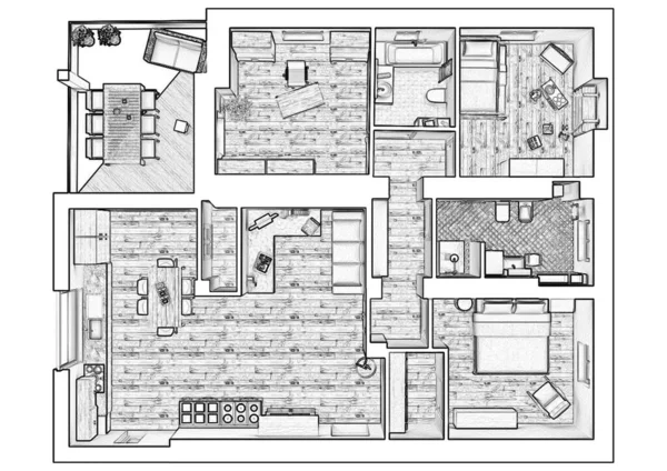 Bir evin 2D kat planı, 3D çizim. Açık konsept apartman düzeni