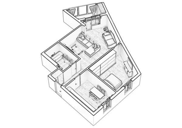 Planimetria Una Casa Illustrazione Concetto Aperto Layout Appartamento Vivente — Foto Stock