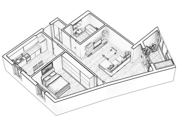 Bir Evin Kat Planı Çizim Açık Konsept Apartman Düzeni — Stok fotoğraf