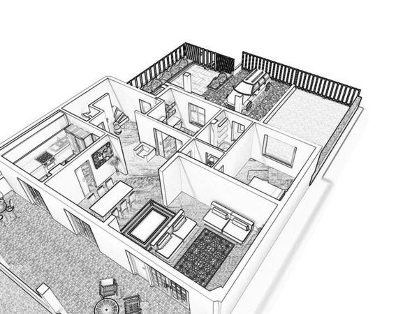 План Пола Дома Иллюстрация Открытая Концепция Жилой Площади — стоковое фото