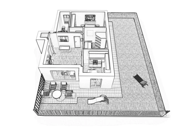 房屋的二维平面图 3D插图 开放式概念公寓布局 — 图库照片