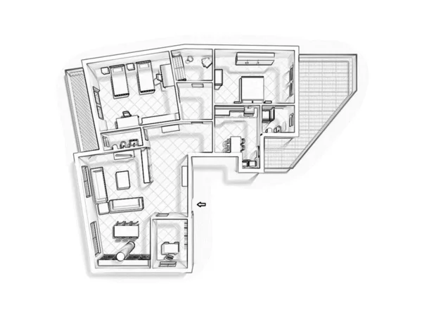 Bir evin 2D kat planı, 3D çizim. Açık konsept apartman düzeni