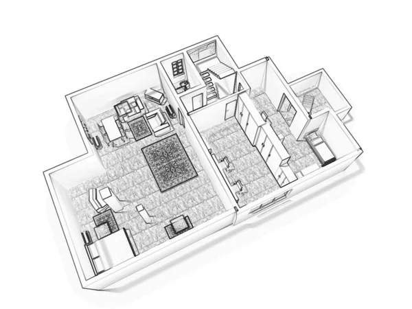 家の2Dフロアプラン 3Dイラスト オープンコンセプトのリビングアパートレイアウト — ストック写真