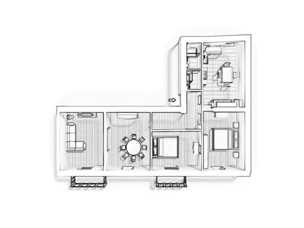 家の2Dフロアプラン 3Dイラスト オープンコンセプトのリビングアパートレイアウト — ストック写真