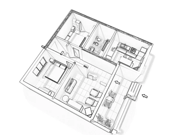 Bir Evin Kat Planı Çizim Açık Konsept Apartman Düzeni — Stok fotoğraf