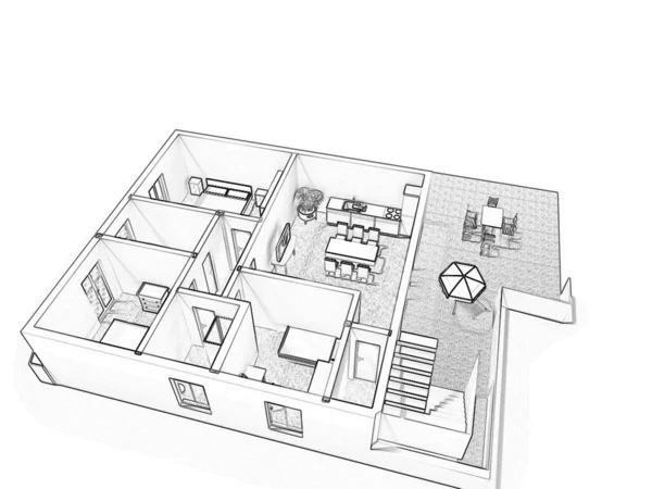 Bir evin 2D kat planı, 3D çizim. Açık konsept apartman düzeni