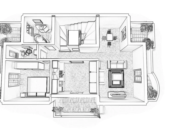 Plan Domu Ilustracja Otwarta Koncepcja Salon Układ Mieszkania — Zdjęcie stockowe