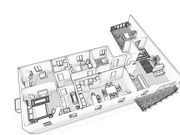 План Пола Дома Иллюстрация Открытая Концепция Жилой Площади — стоковое фото