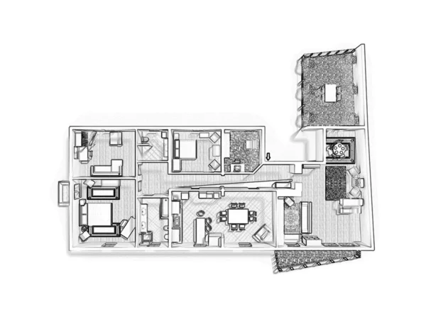 Bir Evin Kat Planı Çizim Açık Konsept Apartman Düzeni — Stok fotoğraf