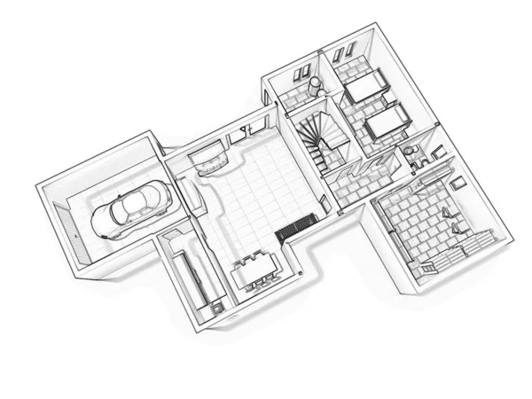 3D kat planı. Siyah beyaz kat planı.