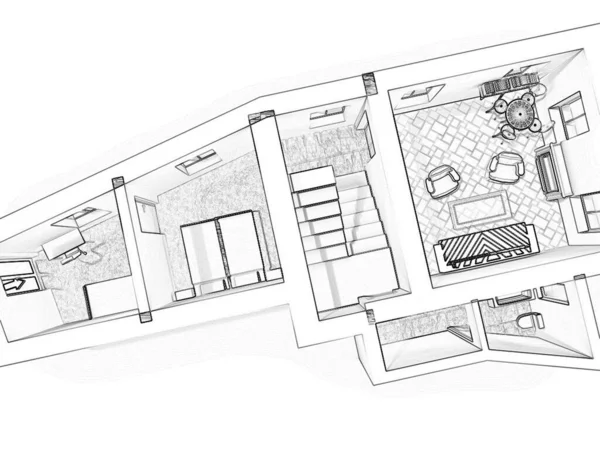 Κάτοψη Μαύρο Άσπρο Πάτωμα Σχέδιο Σχέδιο Ορόφου Χώρος Στο Σπίτι — Φωτογραφία Αρχείου