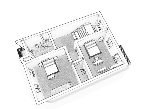 3D kat planı. Siyah beyaz kat planı. Kat planı. Ev alanı. Gayrimenkul planı. Ayrıntılı plan. Pazarlama için zemin planı