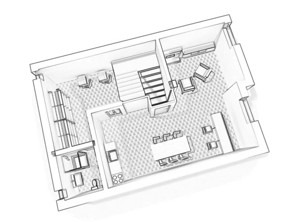 Κάτοψη Μαύρο Άσπρο Πάτωμα Σχέδιο Σχέδιο Ορόφου Χώρος Στο Σπίτι — Φωτογραφία Αρχείου