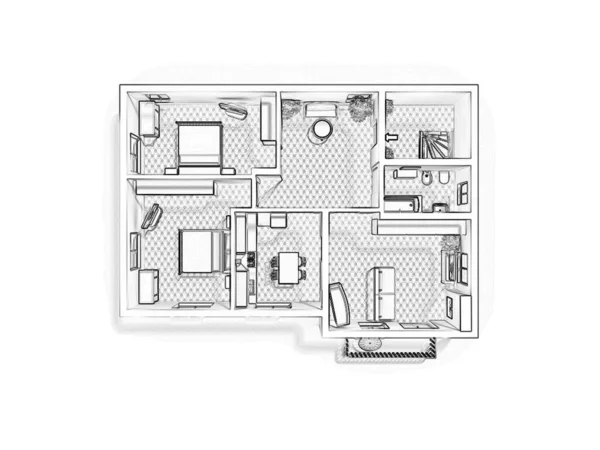 Schets Plattegrond Illustratie Plattegrond Met Het Meubilair Plattegrond Appartement Blauwdruk — Stockfoto